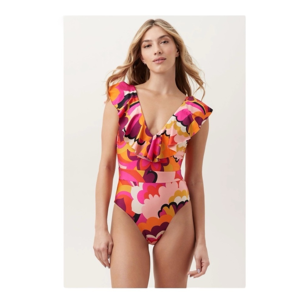 Trina Turk Fan Faire Ruffle One-Piece Swimsuit in Orange Multi NWOT